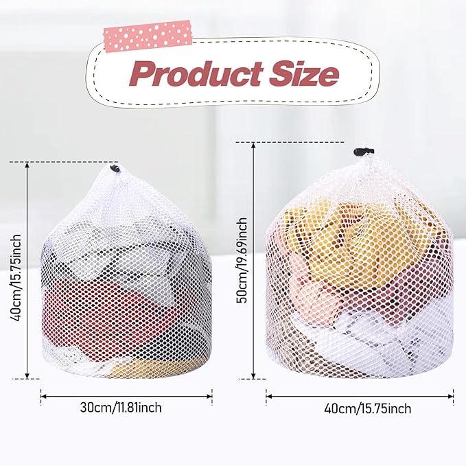2pcs Mesh Laundry Bags for Socks, Machine Washable Drawstring Design Travel Mesh Laundry Wash Bags White Drawstring Garment Bags for Laundry Storage for Home Dorm Hotel Travel Use,12x16inch, 16x20inch