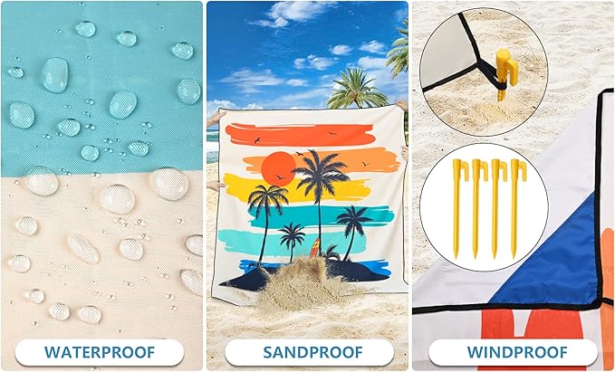 HIHOHO Beach Blanket Waterproof Sandproof Beach Mat 79”x 83” for 1-8 Adults Quick Drying Durable Outdoor Picnic Mat for Beach Festival Travel Camping Hiking (Rainbow Cocotree-YL, 79"×83"(4 Person))
