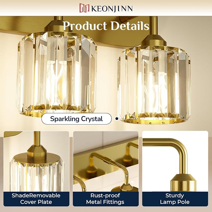 Keonjinn 6-Light Gold Crystal Bathroom Light Fixtures Over Mirror | Vanity Lighting Fixture with Crystal Square Shades, Dimmable, Modern Style, Compatible with E26 Base LED Bulbs (Exclude Bulb)