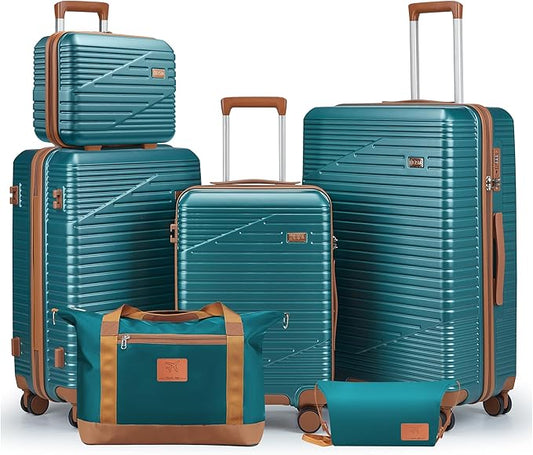 Luggage Sets,PC+ABS Hard Shell Carry on Suitcase with Spinner Wheels and TSA Lock, Travel Lightweight Luggage Set with Spinner Wheels (Dark Green, 6 piece sets （14/20/24/28/DB/TB)