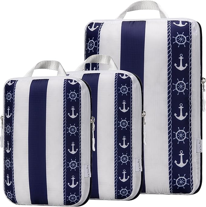 Compression Packing Cubes 3pc Set for Carry On Suitcase & Backpack, Organizer Bags for Kids & Adults, Packing Cubes for Travel 3pc Set - Cabana Stripe Navy
