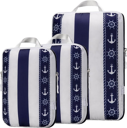 Compression Packing Cubes 3pc Set for Carry On Suitcase & Backpack, Organizer Bags for Kids & Adults, Packing Cubes for Travel 3pc Set - Cabana Stripe Navy