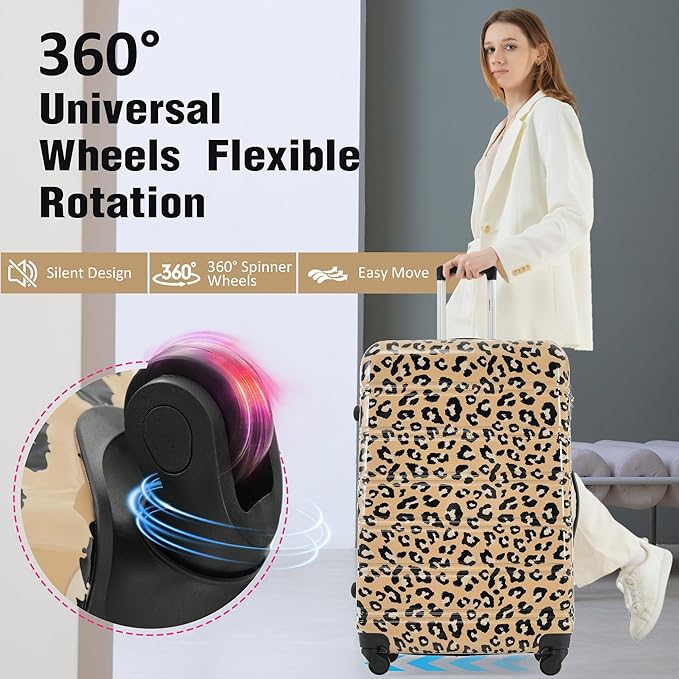 Merax Luggage Sets 3 Piece, Hardside Expandable Suitcase Set with Spinner Wheels, Lightweight Leopard 20+24+28 IN Suitcase with Carry on Luggage, Leopard Brown