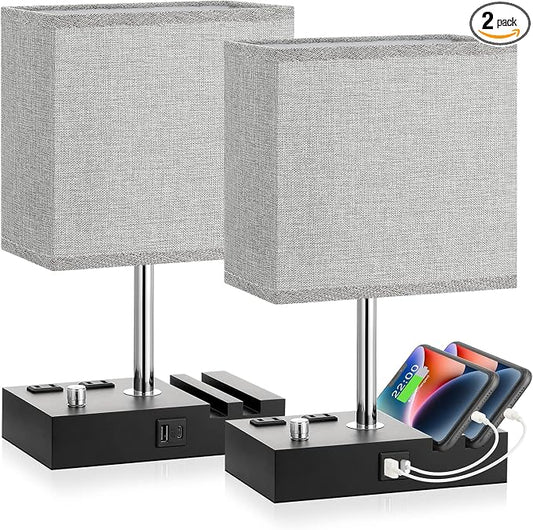 Kakanuo Grey Bedside Table Lamps Set of 2 - Dimmable, USB C+A, 2 AC Outlets | Dimming By Rotary Knob, USB C+A Ports, 2 Phone Stands, LED Bulbs Included, Rectangle Grey Lampshade, for Living Room, Desk