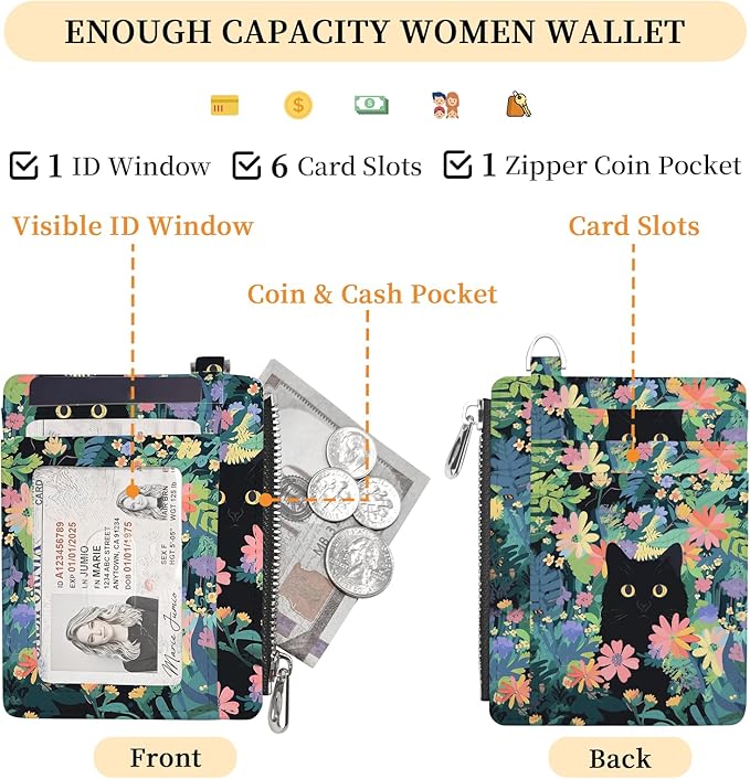 Hancynir Slim Wallet Women Credit Card Holder Flower Black Cat Green RFID Small Mini Card Case Front Pocket PU Leather Thin Travel Zipper Coin Cash ID Window Girls Wallet Gifts