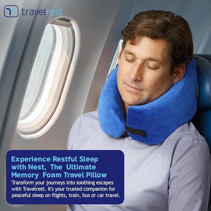 TRAVELREST Nest Neck Support Pillow - Travel Essentials, Memory Foam, Compact Travel Pillow for Long Flights, Plane Sleeping Accessories, Comfortable, Compact, Washable, Attaches to Luggage - Blue