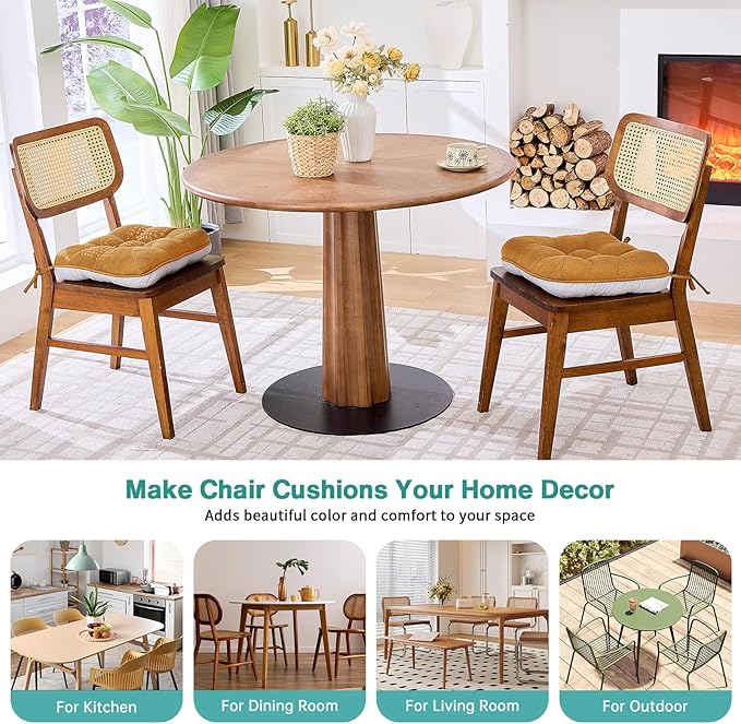 BETU Chair Cushions for Dining Chairs Set of 2,3.5" Thick Kitchen Table Chair Pads with Ties,Non Slip Backing and Covers, Seat Cushion for Dining Room,Bar,Patio Chairs,16"X16"X3.5",Caramel