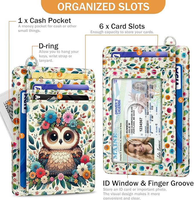 Yonlevres Owl Credit Card Holder Slim Wallet, RFID Wallet Women Front Pocket Wristlet Lanyard, Small Card Holder Travel Funny Cute Thin Card Case ID Window PU Leather Card Organizer Gifts Girls