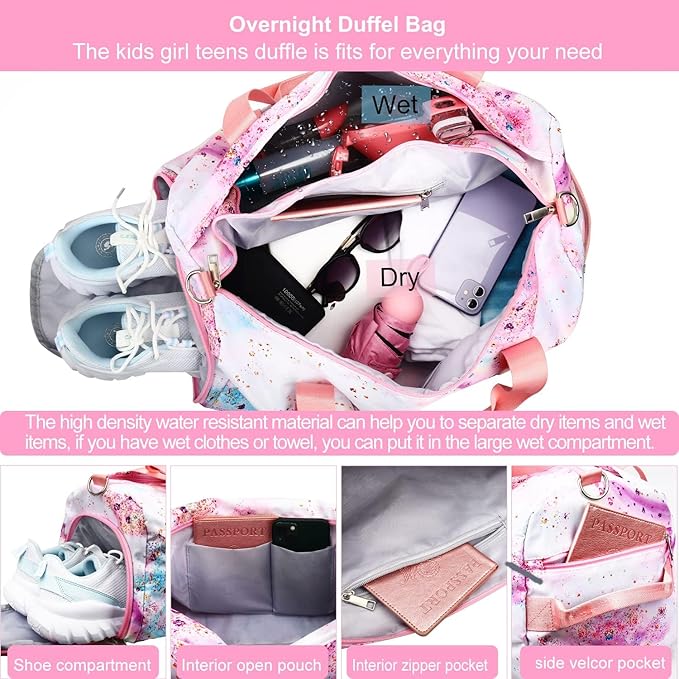 Gym Travel Duffle Bag for Girls - Gymnastics Sports Dance Bag with Shoe Compartment & Wet Pocket Unicorn Kids Travel Bag Teens Weekender Sleepover Carry On Bag