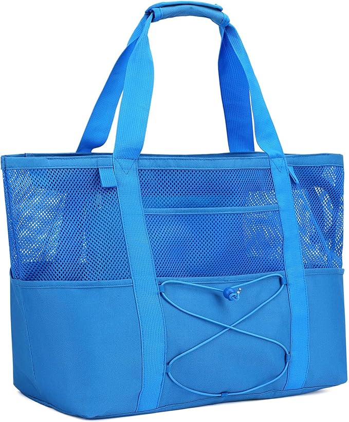 Fammart Mesh Beach Bag, Large Beach Tote with Zipper Pocket, Toys Pool Bag for Family Travel Vacation Cruise Essentials