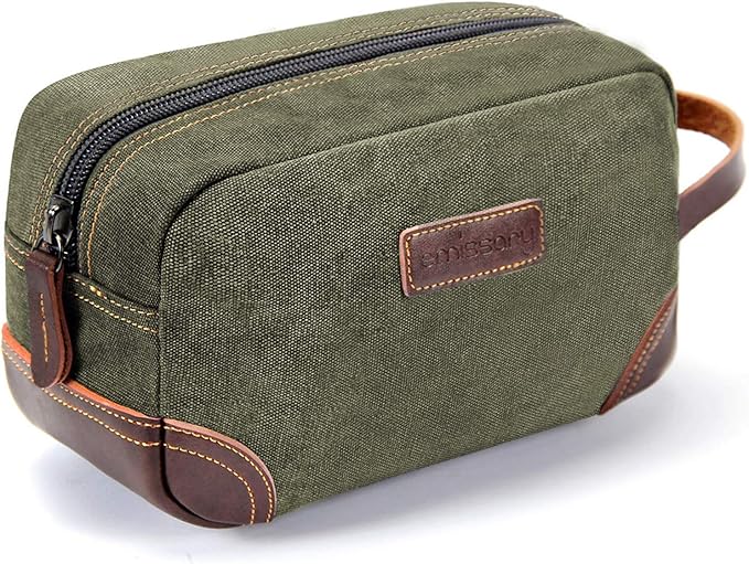 Emissary Men's Leather and Canvas Travel Toiletry Dopp Kit, Shaving Bag (Dark Green)