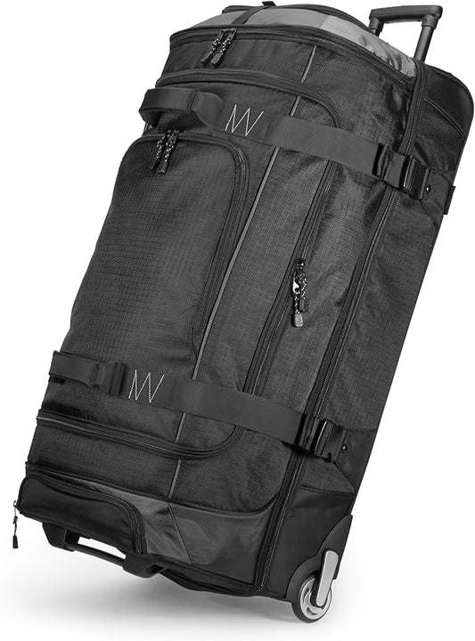 Amazon Basics 30-Inch Large Rolling Duffel Bag with Wheels and Handle, Durable Ripstop Polyester, 2 Layers of Space, Multiple Interior and Exterior Pockets, Black