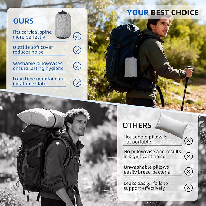 aiGear Inflatable Camping Pillow, Ultralight Compact Air Pillow Ergonomic Neck & Lumbar Support Portable Inflatable Pillow with Removable Washable Cover for Travel Backpacking Hiking (Blue)