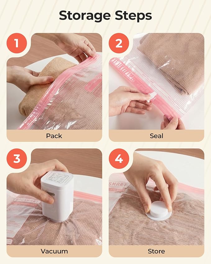 BAGSMART Vacuum Bags for Travel with Rechargeable Air Pump, Portable Space Saver Bags for Travel & Home, Vacuum Compression Seal Bag for Clothing, Blanket, 12 Pack Pink