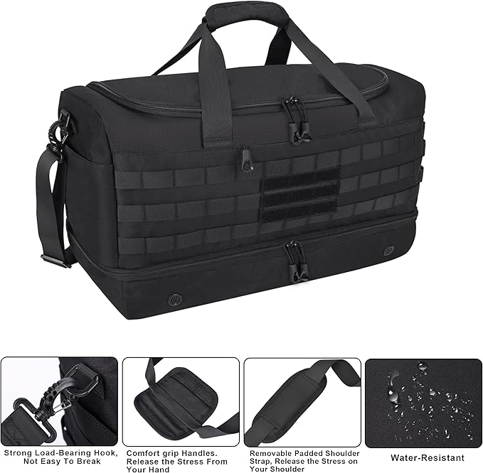 MOZETO Black Duffle Bag for Men, 45L Carry On 22x14x9 Travel Duffle with Shoe Compartment Tactical Inspired Heavy Duty GYM Overnight Bag Wet-Dry Separated Compartment