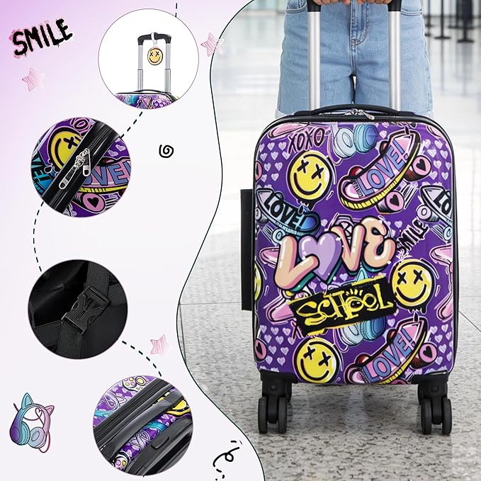 Kid’s Luggage Set 6 Piece Suitcase Set 16" Hardside Luggage with Spinner Wheels Girls Boys Carry on Luggage Travel Rolling Luggage Airline Approved (Emoji)