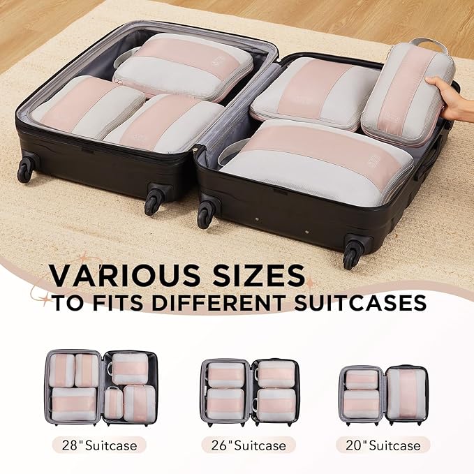 6 Set Compression Packing Cubes for Travel Essentials,Compressible Expandable Packing Cubes for Suitcase,OlarHike Luggage Organizer Bags for Travel,Handy Helper for Organizing Clothes(Beige)