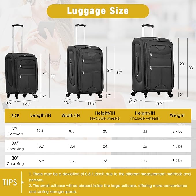 Black 5 Piece Softside Luggage Sets, Expandable Lightweight Suitcase Sets Double Softshell Spinner Wheels Travel Luggage Set for Women and Men