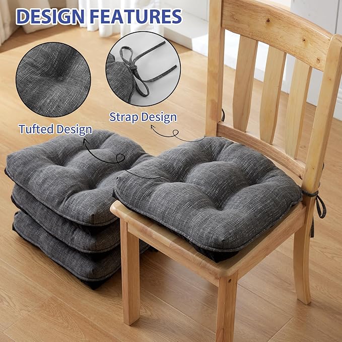 Chair Cushions for Dining Chairs Set of 4, Kitchen Chair Cushions, Chair Pads with Ties and Non Slip Backing, Tufted Memory Foam Seat Cushion 4 Pack, 15.5" x 15.5" x 4", Dark Gray