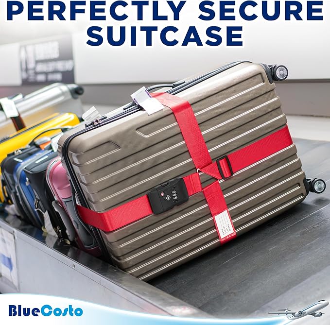 BlueCosto - Luggage Strap with TSA Lock - 7 to 13 ft Adjustable, Bright Red - TSA Approved Suitcase Security Belt with 3 Digit Combination Locking - 2" Wide Heavy Duty Baggage Strap for Secure Travel