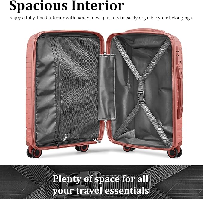 Joyway Luggage Sets 5 Piece PP Hardshell Carry on Suitcase, Travel Lightweight Carry-on with Double Spinner Wheels and TSA Lock, Rose Gold