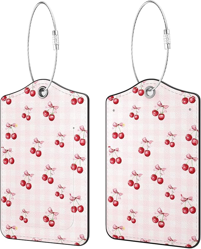2 Pack PU Leather Luggage Tags for Suitcases, Privacy Protection Cover with Stainless Steel Loop and Address Card, Travel Cruise Essentials (Red Cherries)