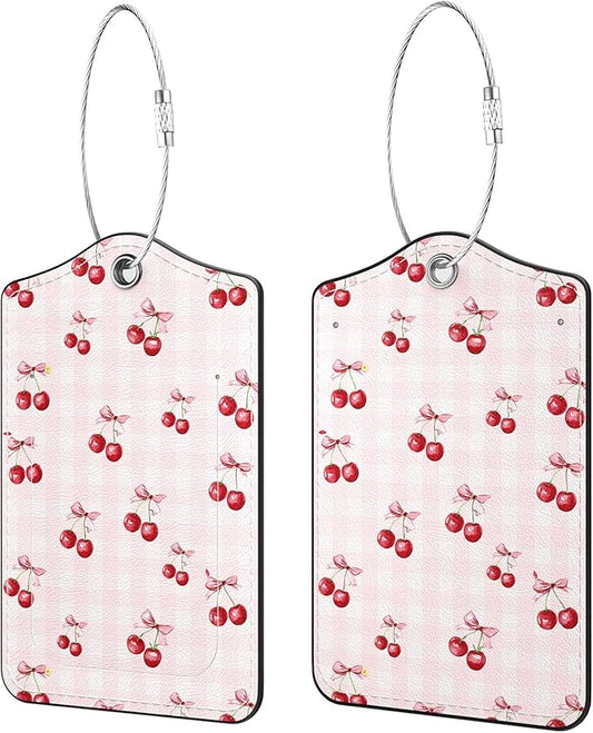 2 Pack PU Leather Luggage Tags for Suitcases, Privacy Protection Cover with Stainless Steel Loop and Address Card, Travel Cruise Essentials (Red Cherries)