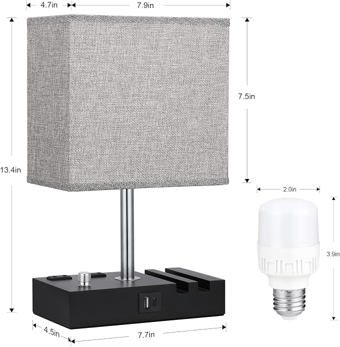Bedside Table Lamp for Bedroom Nightstand - Stepless Dimmable, 2 AC Outlets | Dimming By Rotary Knob, USB C+A Ports, 2 Phone Stands, LED Bulbs Included, Rectangle Grey Fabric Shade, for Living Room, Desk