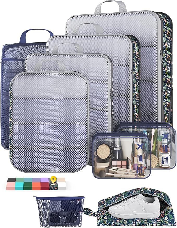 Veken 9/11 Set Compression Packing Cubes for Travel Essentials,Compressible Expandable Large Luggage Suitcase Organizer Bags for Clothing,Durable Space Saver Storage Bags(Dark Blue Floral)
