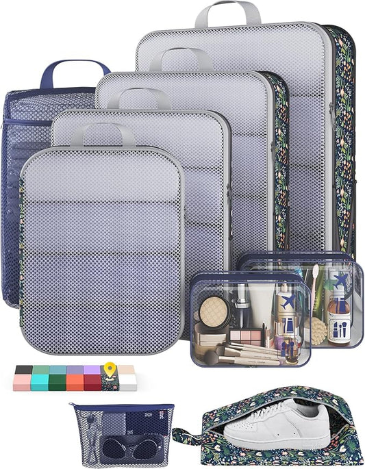 Veken 9/11 Set Compression Packing Cubes for Travel Essentials,Compressible Expandable Large Luggage Suitcase Organizer Bags for Clothing,Durable Space Saver Storage Bags(Dark Blue Floral)