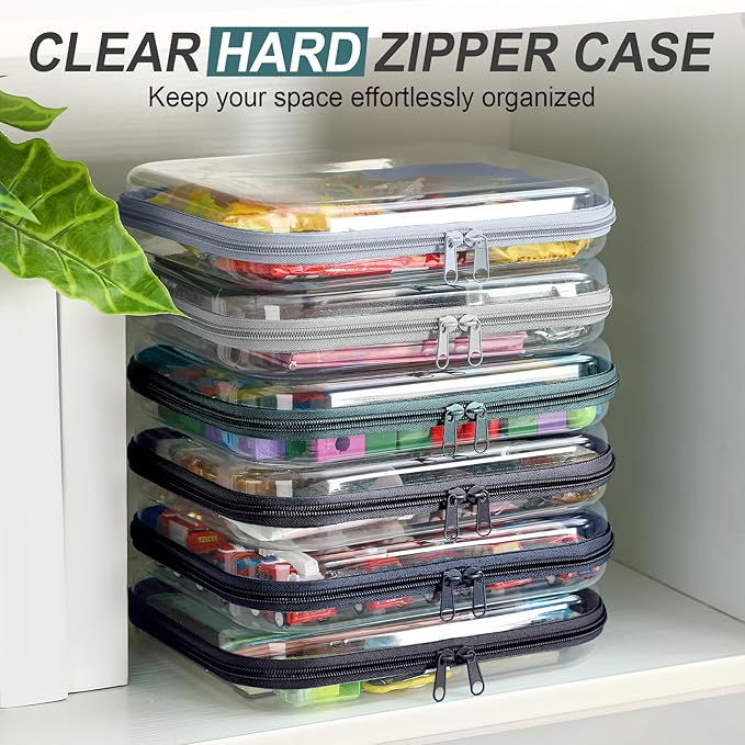 Sanwuta 6 Pcs Clear Hard Zipper Case Plastic Zipper Pouches Transparent Makeup Bag Pencil Case Pouches Toiletry Diaper Bag for Travel Toy Storage Organizer Bins(Blue-green,7.87 x 5.9 x 2 Inch)