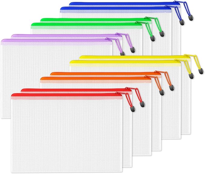 SUNEE 12pcs Mesh Zipper Pouch 11x16, Large Storage Bags for Board Game & Puzzle Organizing, Reusable Plastic Zip Organizer for Travel (A3, 6 Colors)
