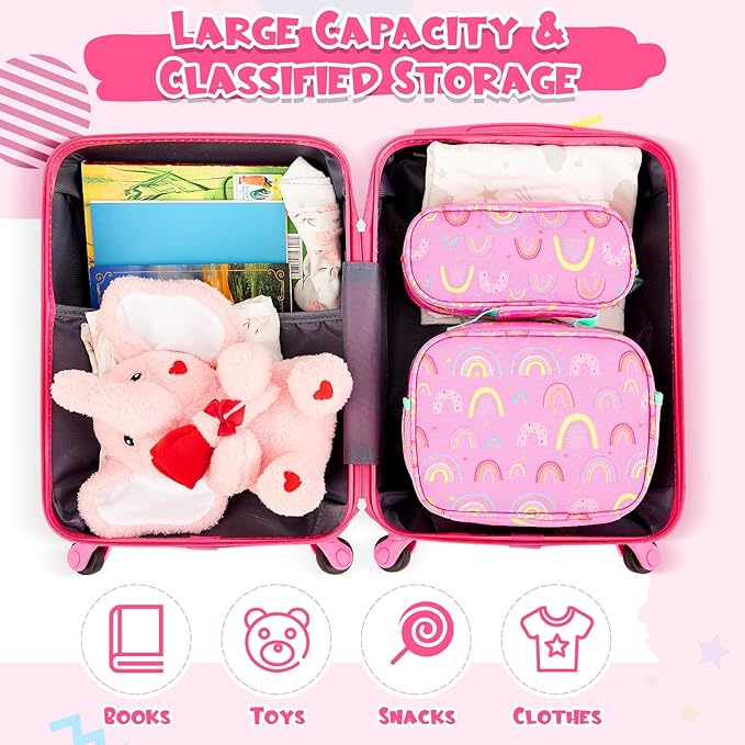 Redbaker 17 Inch 6 Pcs Kids Luggage Set Kids Rolling Luggage Double Pattern Suitcase for Boys Girls (Dusty Pink, Rainbow Style)