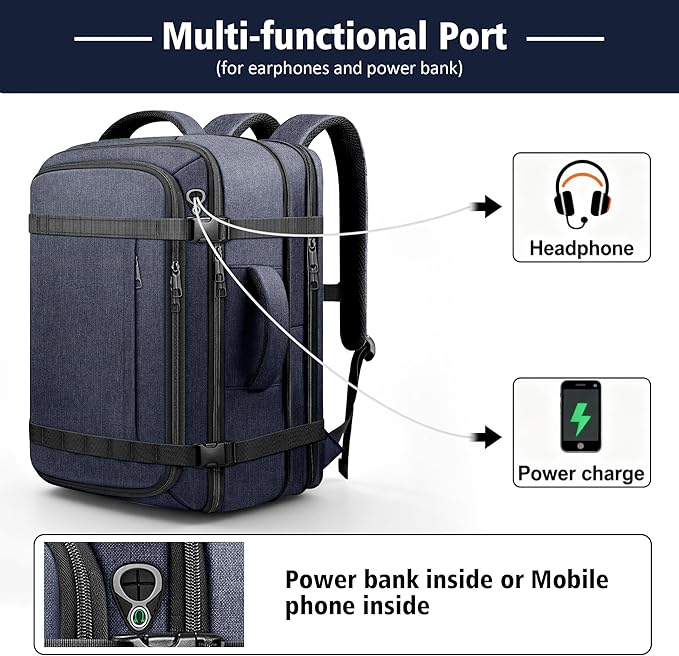 Travelability Carry On Backpack,Expandable 1-7 DAYS Roomy Travel Backpack with USB Cable Port,Anti Theft Water Resistant Fits 18.4"Laptop Large Business Backpack for Men Women,Flights Approve,Blue