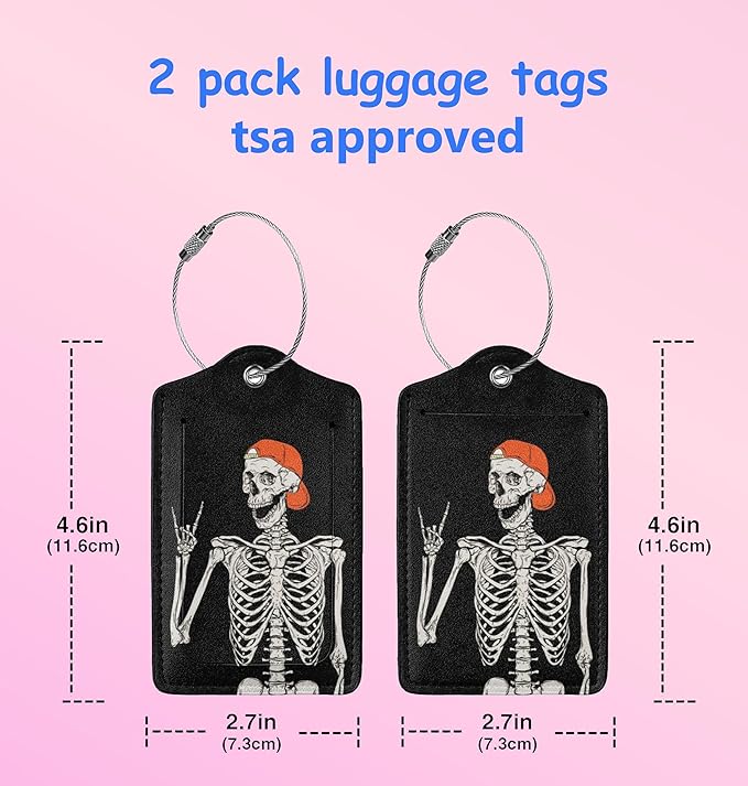 2Pack Funny Skull Luggage Tags Privacy Cover ID Label with Stainless Steel Loop and Address Card for Travel Bag Suitcase Funny Cute Man Women Kids Horror Terror Skeleton