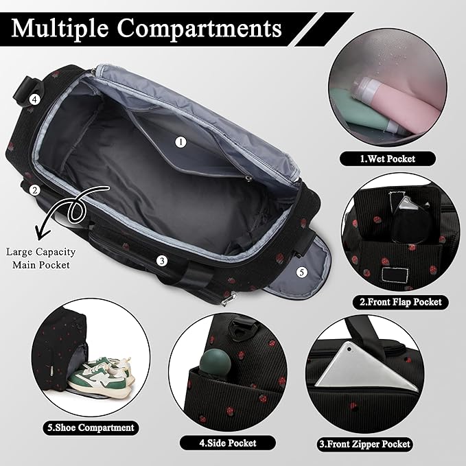 Small Gym Bags for Women, Travel Duffle Bag with Shoes Compartment, 4 in 1 Carry on Weekender Overnight Bag with Dry Wet Separated Pocket, Sport Gym Tote Bag for Yoga, Dance, Swimming, Workout, Ballet