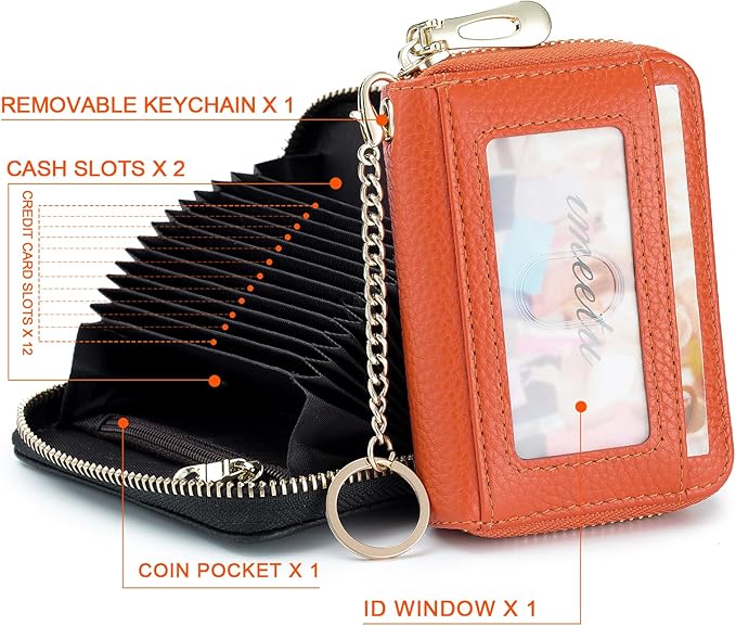 imeetu RFID Credit Card Holder, Small Leather Zipper Card Case Wallet for Women