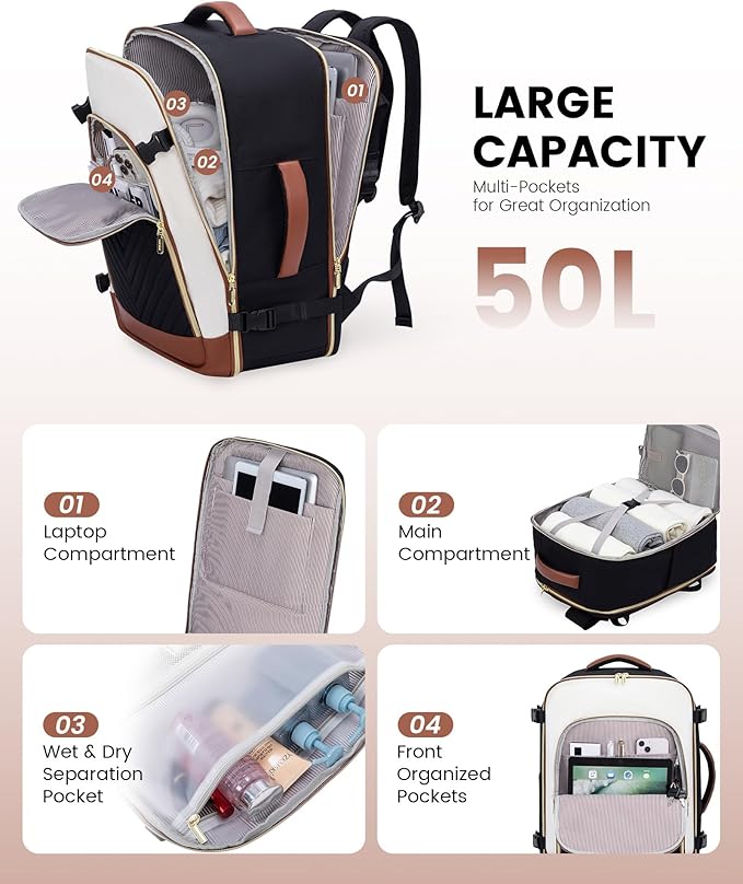 LOVEVOOK Large Travel Backpack for Women, TSA Carry on Backpack for Airplanes, 50L Personal Item Travel Bag for Women fits 17" Laptop,Waterproof Carry on Bag Airplane Approved with 3 Packing Cubes