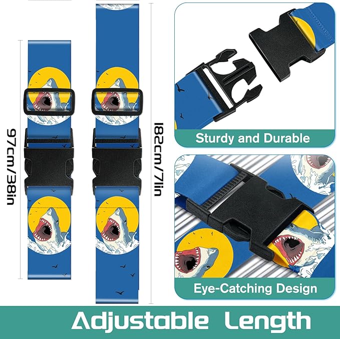 Slohif Luggage Straps for Suitcases Travel Belt Accessories Luggage Connector Identifiers 2 Pack Over Handle with Buckle Unique Nylon Adjustable Strap for Sleeping Bag Car Seat Shark