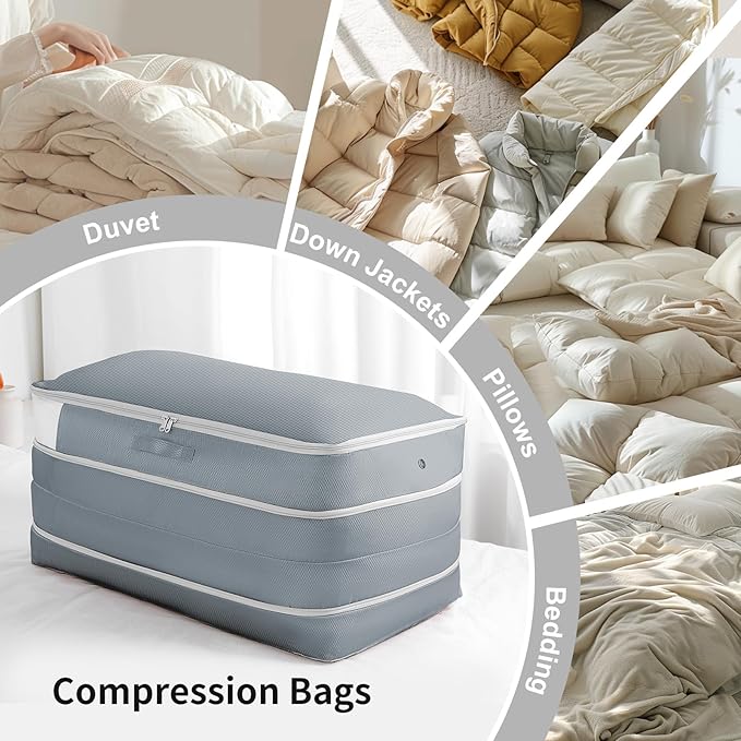 Comforter Storage Bag - Large Capacity Bedding Storage Bags Ultra Space Saving Self Compression Organizer, Washable Compression Bags for Storage Comforter Blanket Duvet Pillow, 4-Pack, Grey