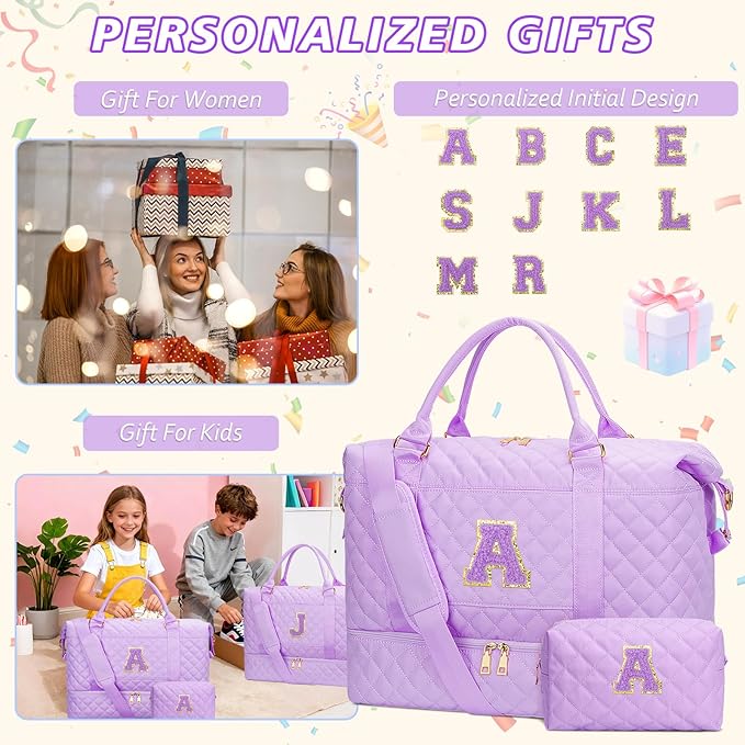 Gifts for Teen Girl Initial Travel Duffle Bag Quilted Weekender Bags Carry-On Overnight with Cosmetic Bag, Gym Bag with Shoe Compartment Hospital Bag for Women Labor Delivery, Purple-A