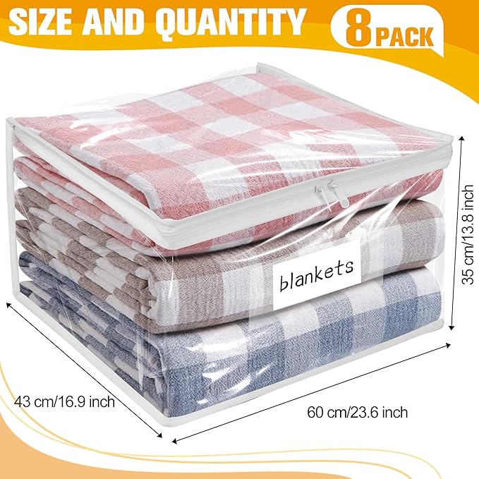 Kikerike Plastic Storage Bags with Easy-Glide Zipper, Pack of 8, Durable Clear Vinyl Zippered Storage Bags for Clothes Sweaters Comforters Blankets Sheets Bedding (23.6 x 16.9 x 13.8 Inch)