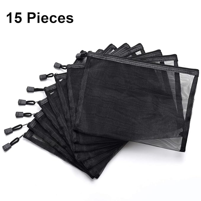 Outus 15 Pieces Mesh Bags Pouch Mesh Zipper Pouch Makeup Bags Cosmetic Travel Organizer Zipper Pencil Case for Organizing Office travel Storage(9.5 x 7.1 Inches,Black)