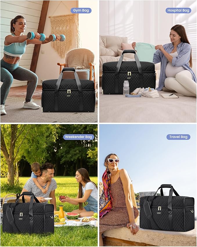Weekender Travel Duffle Bag for Women: Overnight Bags with Shoe Compartment Carry on Bags for Airplanes with Toiletry Bag Weekend Yoga Gym Bag with Wet Pocket Travel Duffel Tote Bag Hospital Bag Black
