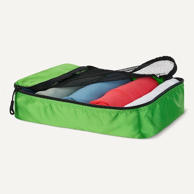 Amazon Essentials 4-Piece Packing Cubes Travel Accessories Set, Luggage Organizer, Suitcase Organizer with Double Zipper, Mesh Top, Space-Saving, Polyester, Green (Previously Amazon Basics)