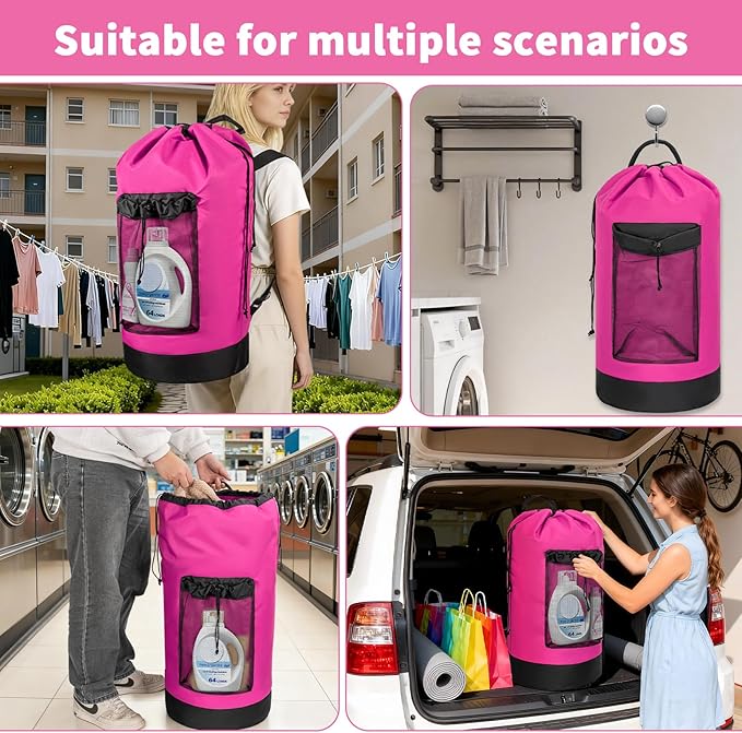 150L Laundry Bag Backpack with 3 Sizes Mesh Wash Bags and Shoulder Straps Foldable Clothes Hamper Bag with Drawstring Closure for College, Apartment, Laundromat (Hot Pink)