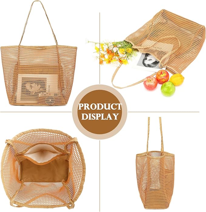 Fammart Mesh Beach Bag, Large Beach Tote with Zipper Pocket, Toys Pool Bag for Family Travel Vacation Cruise Essentials