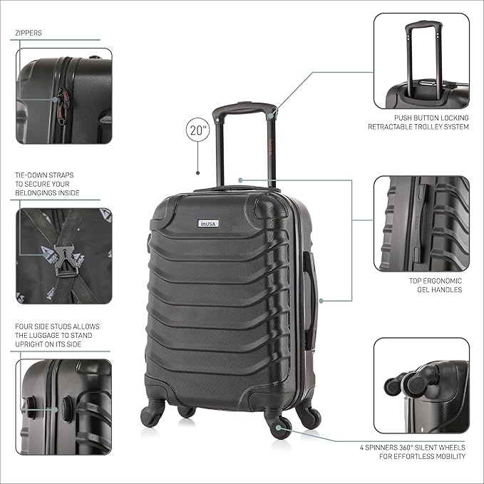 InUSA ENDURANCE Luggage with Spinner Wheels | Durable Lightweight Hardshell Suitcase, Spacious Travel Bag with Handle and Trolley | 20-Inch Carry On Small Luggage | Black