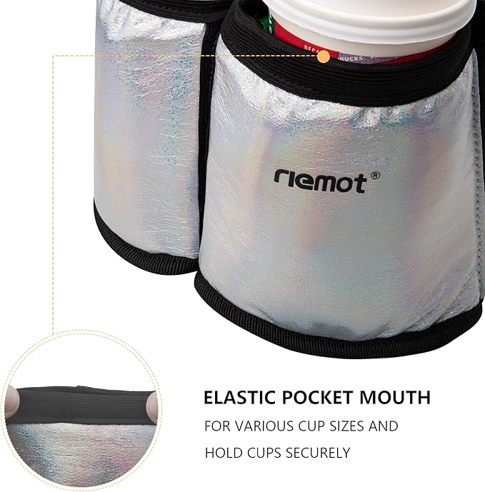 riemot Luggage Travel Cup Holder Free Hand Drink Carrier - Hold Two Coffee Mugs - Fits Roll on Suitcase Handles - Gifts for Flight Attendants Travelers Accessories Glitter Silver