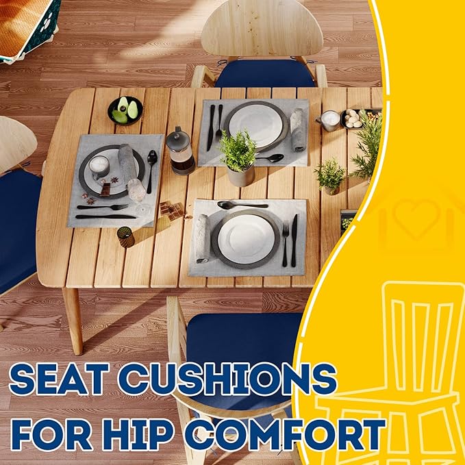 AAAAAcessories D-Shaped Chair Cushions, 2" Thick Dining Chair Pads with Ties and Removable, Machine-Washable Cover, 17" x 16", Set of 8, Blue